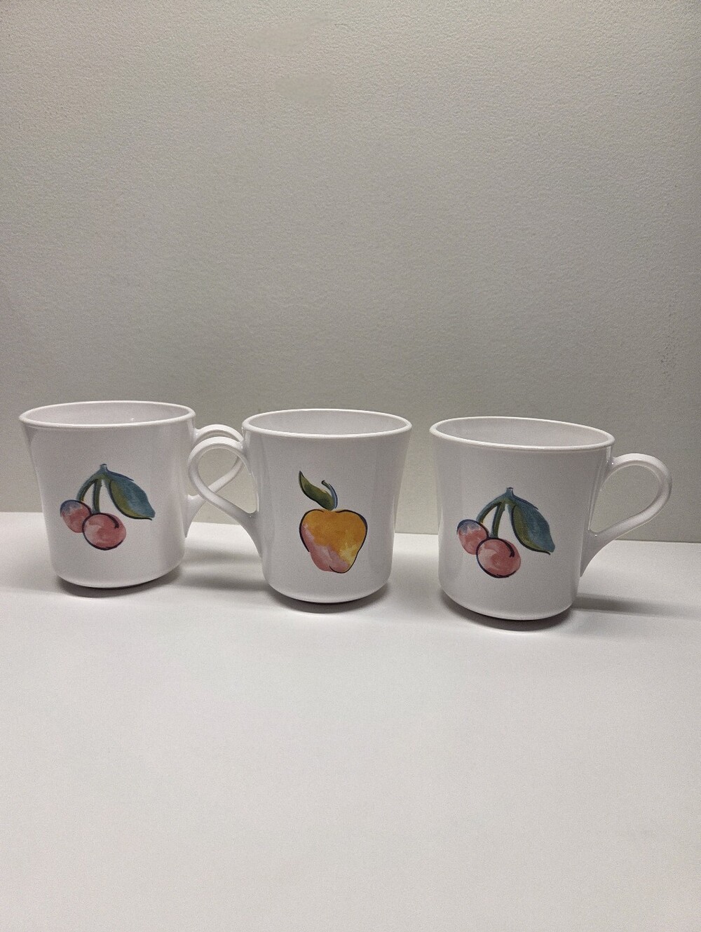 3x Corning Fruit Basket Coffee Tea Cups Mug Cherry & Apple Double Side Vintage